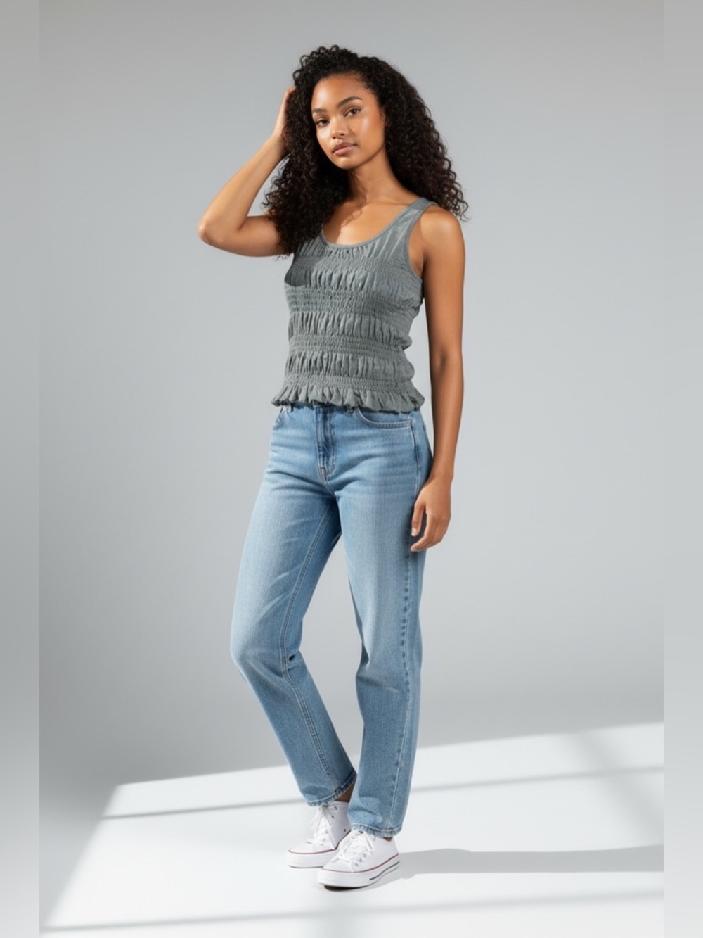 Blue Smocked Ruffle Tank Top